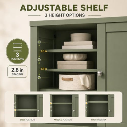Nuturelly Bathroom Floor Storage Cabinet, 4 Doors, Anti-Tip, Pale Green
