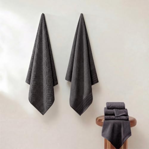 Modern Threads 6 Piece Bath Towel Set – Bathroom Towel Set with 2 Bath Towels, 2 Hand Towels & 2 Washcloths – 100% Cotton, Soft & Absorbent – Geometric (Charcoal)