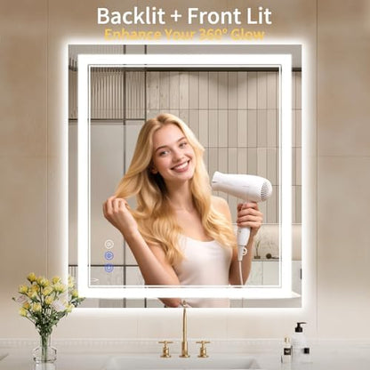 32"x36" LED Bathroom Mirror with Lights, Anti-Fog, Backlit + Front Lit, Dimmable, Lighted Bathroom Mirror, 3 Colors, Shatter-Proof Tempered Glass