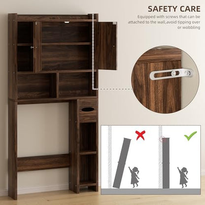 Shintenchi Over the Toilet Storage Cabinet, Bathroom Storage Cabient with Barn Doors, Bathroom Storage Shelf Organizer with Toilet Paper Holder, Adjustable Shelf and Anti-Tip Device, Walnut