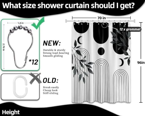 Mid Century Modern White and Black Shower Curtain Bohemian MCM Black and White Shower Curtains for Mens Bathroom Decor, Boho Minimalist Pattern, Waterproof Cloth Fabric with Hooks 70x96 in
