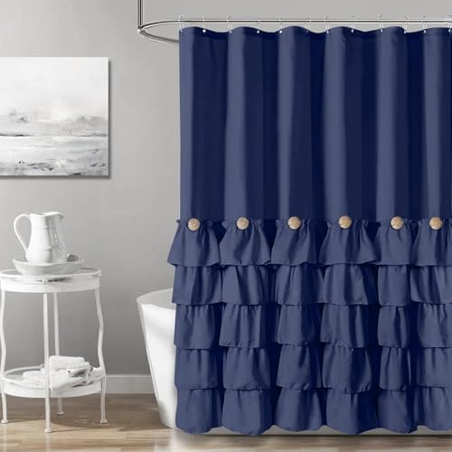 Seasonwood Navy Blue Ruffle Shower Curtain Farmhouse Shower Curtain 72 X 78