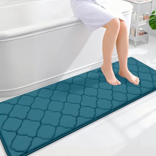 OLANLY Memory Foam Bath Mat Rug 59x20, Soft Bathroom Rugs, Peacock Blue