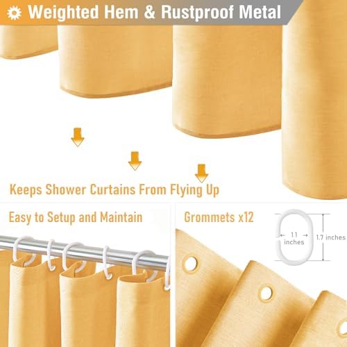 BTTN 72x78 Linen Textured Waterproof Thick Fabric Shower Curtain Set, Gold