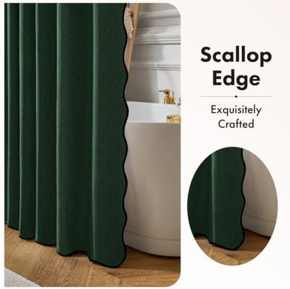 ANRODUO Dark Green Scalloped Linen Textured Shower Curtain, W72 x L108