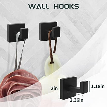 Dorudon Atrox 5-Piece Bathroom Hardware Set - Black Towel Bar Set with 2 Towel Hooks, Stainless Steel Wall Mounted Bathroom Towel Rack - Square, 16-Inch