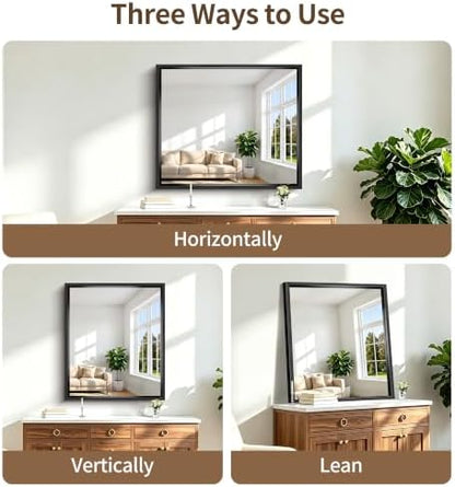 Bathroom Mirror, 42 x 36 Inch Brushed Black Rectangle Mirror, 0.6" Thickened Deep Frame Mirrors for Wall Over Sink, Shatterproof Tempered Glass, Antirust, Horizontally or Vertically