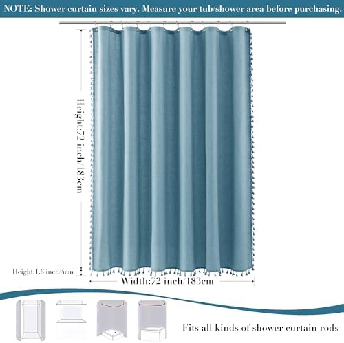 Nanspring Blue Boho Linen Shower Curtain 72 Inch Fabric Textured Elegant Shower Curtain Set with Hooks Simple Aesthetic Bathroom Decor with Hooks Vintage Cottage Bath Curtain for Bathroom 72x72