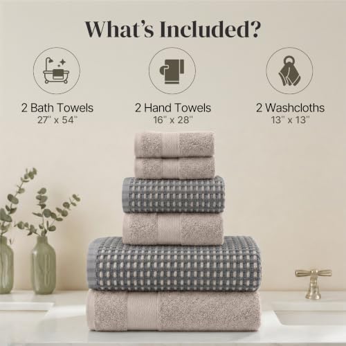 Modern Threads 6 Piece Bath Towel Set – Bathroom Towel Set with 2 Bath Towels, 2 Hand Towels & 2 Washcloths – 100% Cotton, Soft & Absorbent – Waffle (Charcoal)