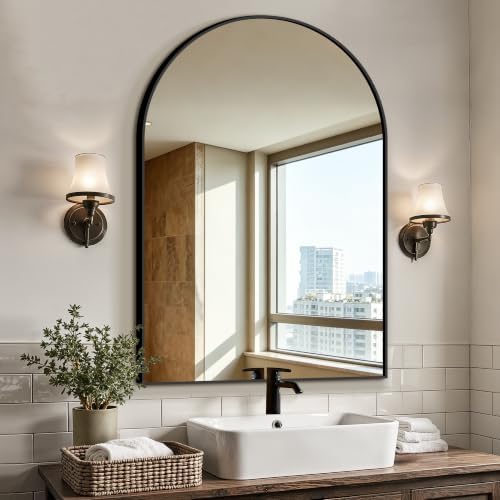 Arched Bathroom Vanity Mirror for Over Sink, 38”x26”, Black