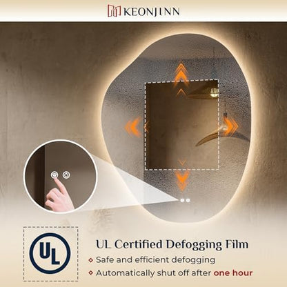 Keonjinn Asymmetrical LED Bathroom Mirror 30 x 36 Inch, HD Tempered Glass