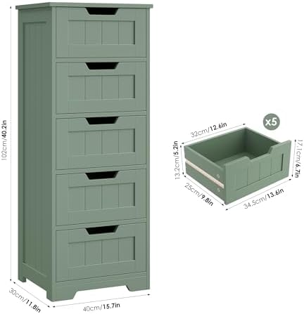 FOTOSOK Bathroom Cabinet, Bathroom Storage Cabinet with 5 Drawers, Green