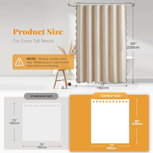 BTTN 72x90 Boho Scalloped Linen Textured Cloth Shower Curtain, Beige/Cream