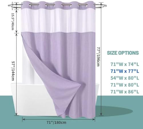 No Hook Waffle Shower Curtain with Snap-in Liner, 71x77 Inch, Lavender