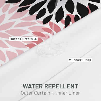 WITHLOC No Hook Floral Shower Curtain with Liner, Pink Grey, 71x74