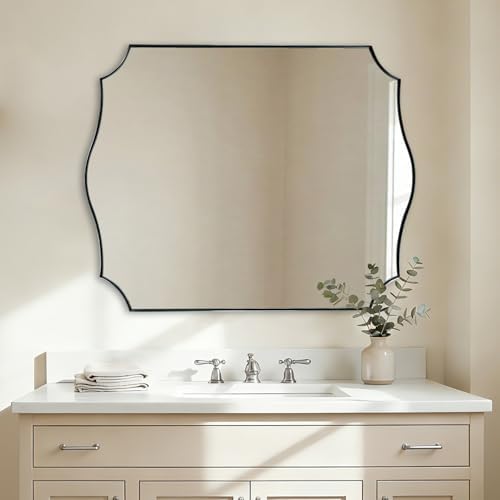 ANDY STAR 28x36 Inch Brushed Nickel Mirror, Scalloped Bathroom Mirror for Wall, Silver Vanity Mirror with Rust-Proof Stainless Steel Frame, Sophisticated Curved Design Ideal for Home Remodel