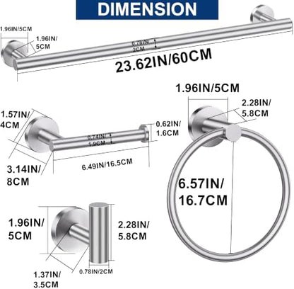 5 Pieces Bathroom Hardware Accessories Set Brushed Nickel, 24Inch Round Towel Racks Set for Bathroom, SUS304 Stainless Steel Towel Bar Set,Toilet Paper Holder Wall Mounted