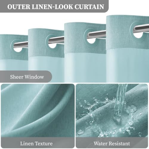 BTTN Teal Ringless Linen Textured Shower Curtain with Snap in Liner, 72x75