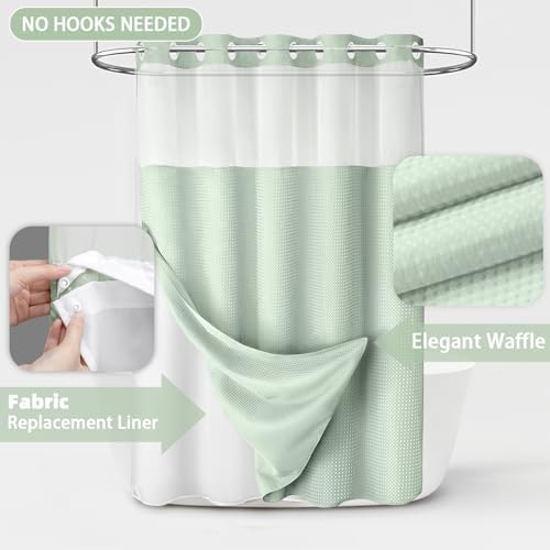 No Hook Shower Curtain with Liner Set Hotel Waffle Mint Green 72W X 75L
