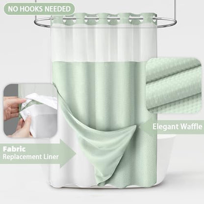No Hook Shower Curtain with Liner Set Hotel Waffle Mint Green 72W X 75L