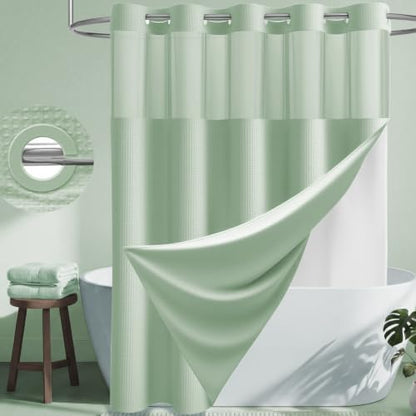 Dynamene Mint Green Hook Free Waffle Shower Curtain & Snap-in Liner,72x81