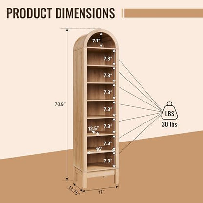 IFBUY 71" Tall Arched Bathroom Storage Cabinet, 8-Tier Modern Farmhouse Storage Cabinet with Adjustable Shelves, Wood Freestanding Cabinet for Bathroom, Living Room, Entryway, Hallway (Natural)