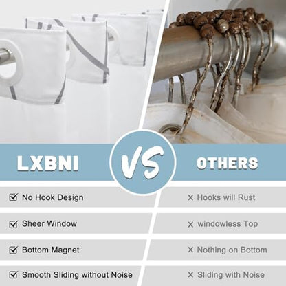 LXBNI Gray White No Hook Shower Curtain with Liner, 71 x 86 Inch