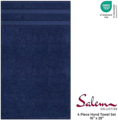 American Soft Linen Salem 100% Cotton Turkish 4 Piece Hand Towels for Bathroom, 600 GSM Soft Absorbent Quickdry Hand Face Towel Set, Navy Blue