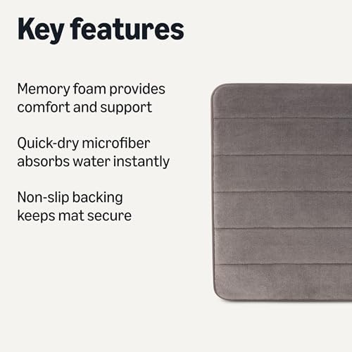 Amazon Basics Bath Mat for Bathroom, Absorbent Plush Memory Foam, Fast Dry Microfiber, Non-Slip, 17 x 24 Inches, Dark Gray