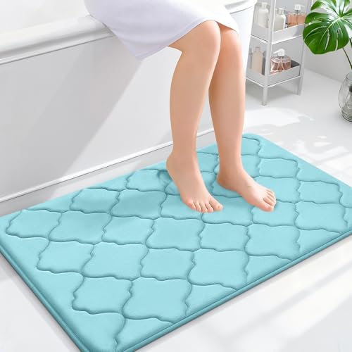 OLANLY Memory Foam Bath Mat Rug 36x24, Ultra Soft Bathroom Rugs, Sky Blue