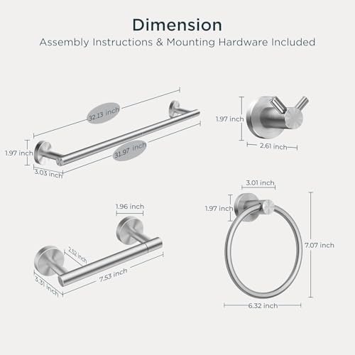 FORIOUS Bathroom Accessories, 4-Piece Bathroom Hardware Set - 30" Towel Bar