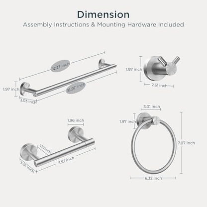 FORIOUS Bathroom Accessories, 4-Piece Bathroom Hardware Set - 30" Towel Bar