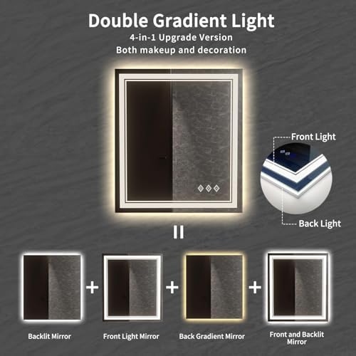 Bathroom Mirror, 32x36 Inch Gradient Front and Backlit LED Mirror for Bathroom, 3 Colors Dimmable CRI>90 Double Lights, IP54 Enhanced Anti-Fog, Hanging Plates Wall Mount LED Mirror