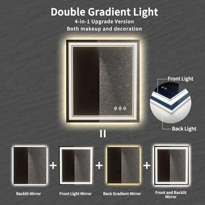 Bathroom Mirror, 32x36 Inch Gradient Front and Backlit LED Mirror for Bathroom, 3 Colors Dimmable CRI>90 Double Lights, IP54 Enhanced Anti-Fog, Hanging Plates Wall Mount LED Mirror