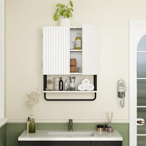 RUSTOWN Fluted Bathroom Wall Cabinet with 2 Doors, 3-Tier Medicine Cabinet