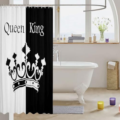 Crown Queen And King Curtains,His And Hers Matching Couple Bathroom Waterproof Accessories with 12 Hooks for Girls Boys Teens, Romantic Valentine'S Day Black And Red Fabric Shower Curtain,72x84 Inches