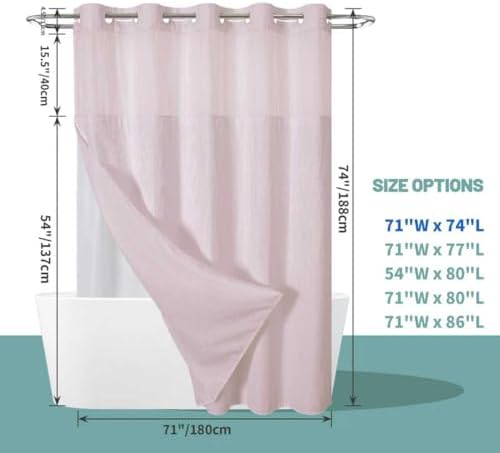 No Hook Waffle Shower Curtain with Snap-in Liner, 71x74 Inch, Blush Pink