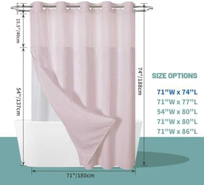 No Hook Waffle Shower Curtain with Snap-in Liner, 71x74 Inch, Blush Pink