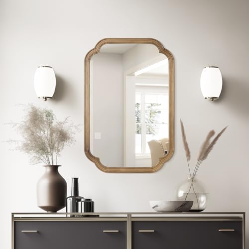 WallBeyond 20" x 30" Rounded Corner Arch Wall Mirror with Wood Frame for Entryway, Living Room or Bedroom Home Decor - Light Woodgrain, Honey-Colored