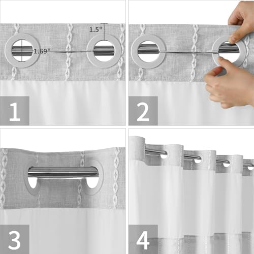 eachope No Hook Stall Shower Curtain with Snap-in Fabric Liner - 54x80 Heavy-Duty Linen Textured Striped Design,Narrow Rustic Modern Farmhouse Bohemian Bathroom Curtain,Water-Repellent,Grey/Gray