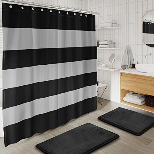 Clara Clark Bathroom Accessories Set - 28PC Bathroom Set with Adhesive Corner Shower Caddy Hanging, Bathroom Sets with Shower Curtain and Rugs, Black Shower Curtain Set with Bathroom Trash Can