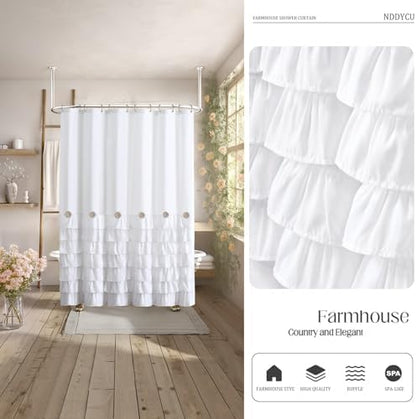 Ruffle Farmhouse Shower Curtain, White Vintage Shower Curtains for Bathroom Fabric Cute Rustic Cloth, 72" W X 72" L Inch