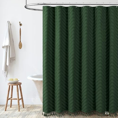 Dynamene Boho Farmhouse Shower Curtain Tufted Chevron 72"x72" Dark Green