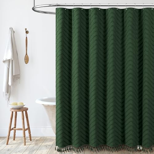 Dynamene Extra Long Boho Shower Curtain Tufted Chevron 72"x84" Dark Green