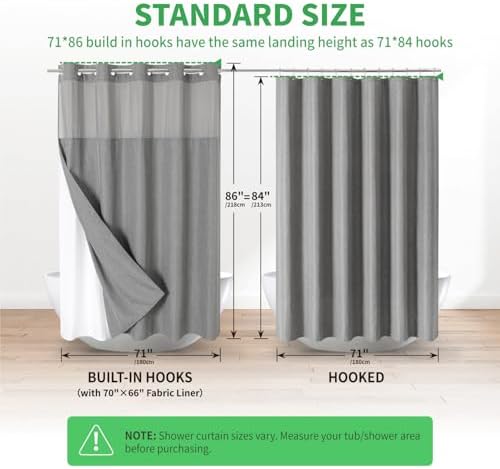 eachope No Hook Linen Texture Shower Curtain with Snap-in Liner,71x86 Grey
