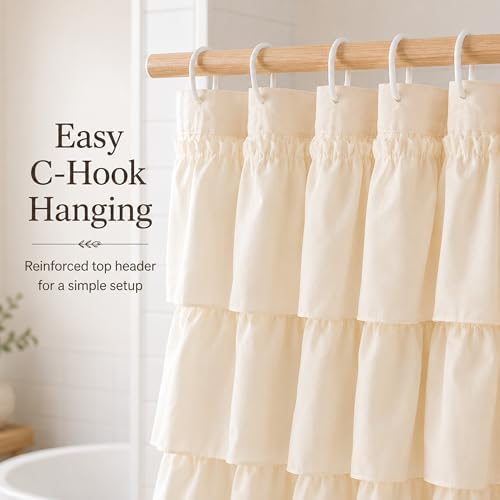 Beige Ruffle Shower Curtain for Bathroom, 72x84 inch, Elegant Ruffled Panel