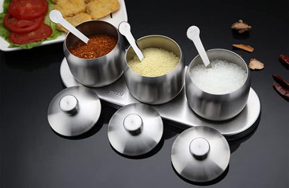 TENTA KITCHEN TENT 18/8 Stainless Steel Seasoning Containers Set Spice Jar Spice Rack Condiment Cruet Bottle Salt Pepper Sugar Storage Organizers with 3 Serving Spoons And Non-slip Base