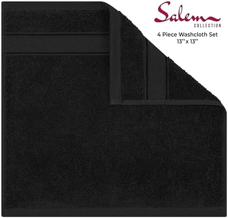 American Soft Linen Salem Washcloth Sets, 4 Piece Luxury 600 GSM 100% Cotton Washcloths for Bathroom, 13x13 inches Washrags Premium Quality Hand Face Towels, Black