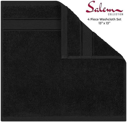 American Soft Linen Salem Washcloth Sets, 4 Piece Luxury 600 GSM 100% Cotton Washcloths for Bathroom, 13x13 inches Washrags Premium Quality Hand Face Towels, Black