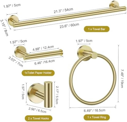 TURS Brushed Gold Bathroom Hardware Set 5 Piece, SUS304 Stainless Steel Bath Towel Bar Set, 24 Inch Bathroom Accessories Kit Wall Mounted